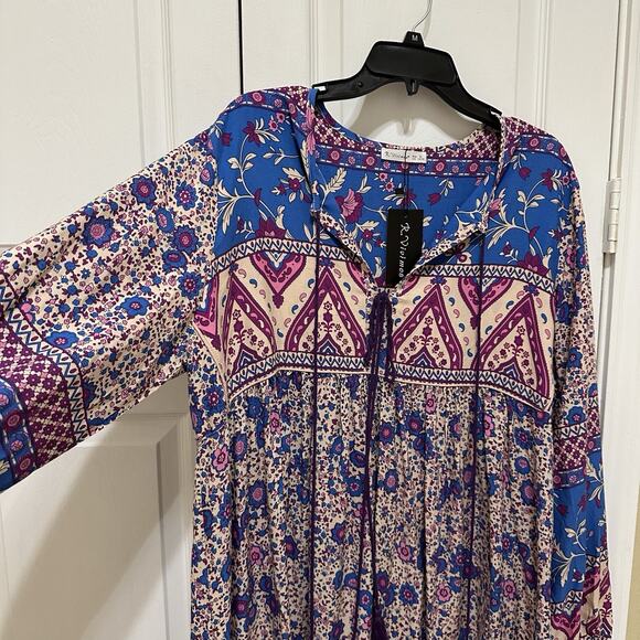 NWT R.Vivimos Long Sleeve Floral Retro V Neck Tassel Bohemian Dresses, XL 16/18 - Picture 4 of 11